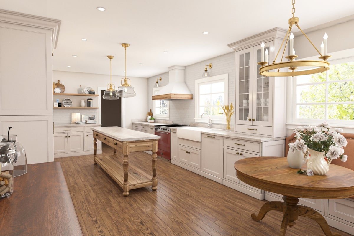 Bright farmhouse-style kitchen with white cabinetry and wooden floors