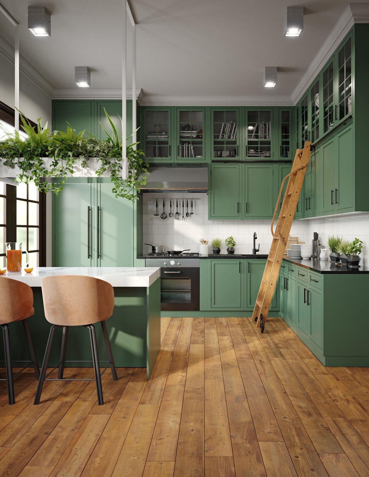 Green and white modern kitchen with hanging plants