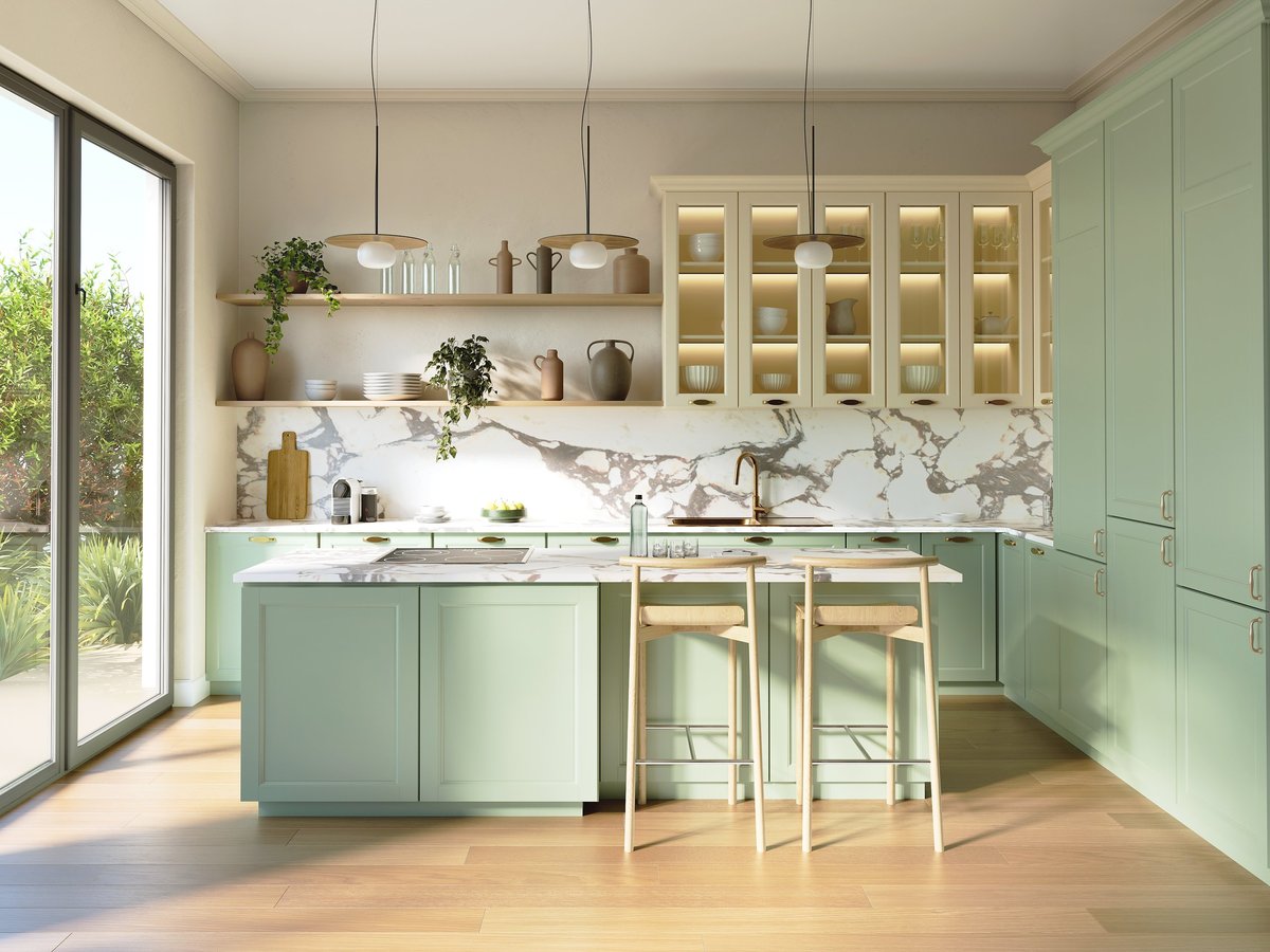 Light green and beige rustic country kitchen with white marble countertops