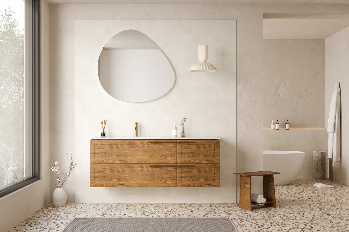 Modern bathroom with wooden vanity and freestanding bathtub